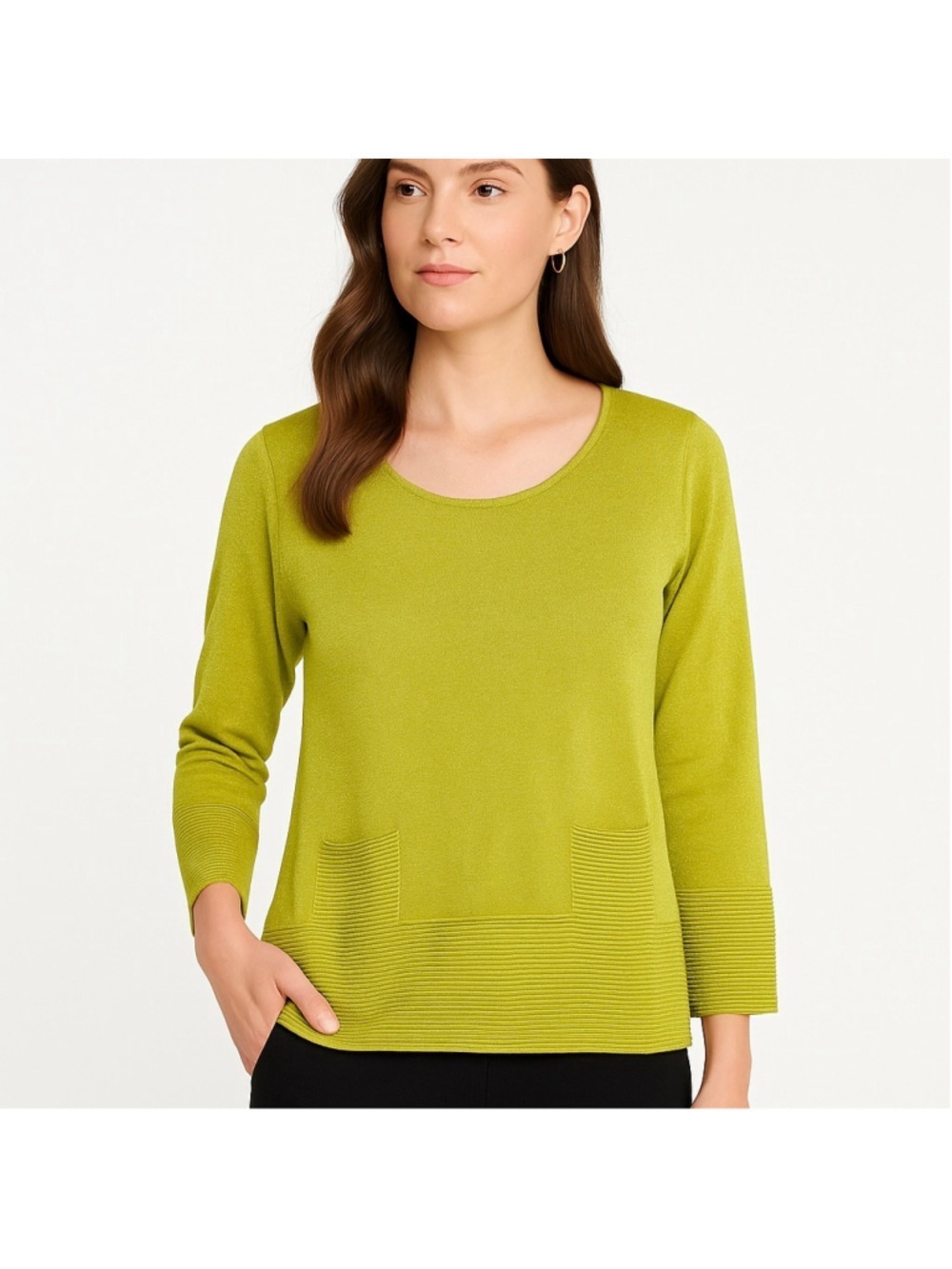 Chartreuse Lime Ribbed Hem Sweater 3/4 sleeve Metallic Thread, S